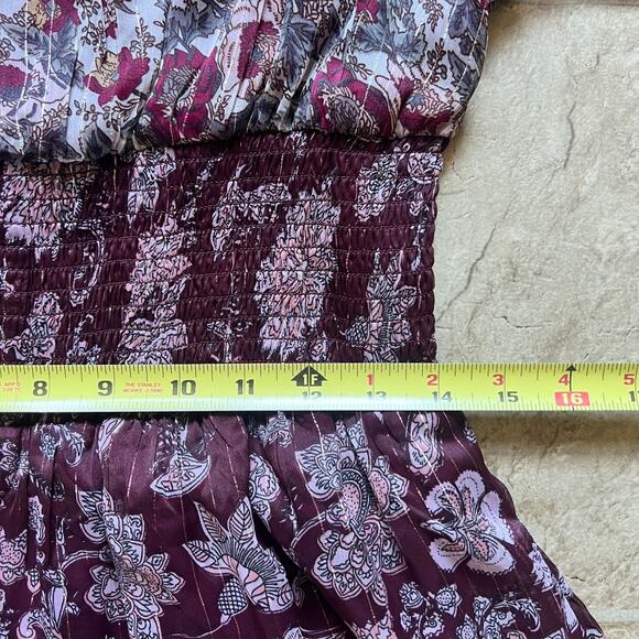 Womens Maxi Dress Burgundy Mixed Pattern Smocked Whimsigoth Ren Faire Whimsical - Picture 9 of 10